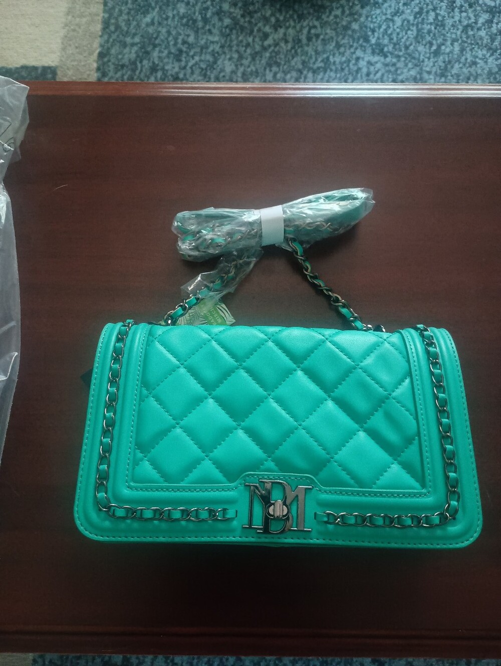 Quilted Chain Shoulder Bag in Teal With Matching Wallet.